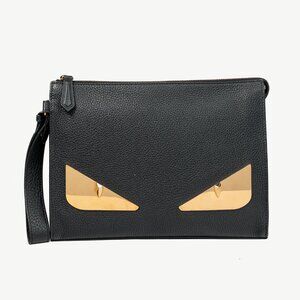 Fendi Monster Black Pebbled Leather Large Clutch